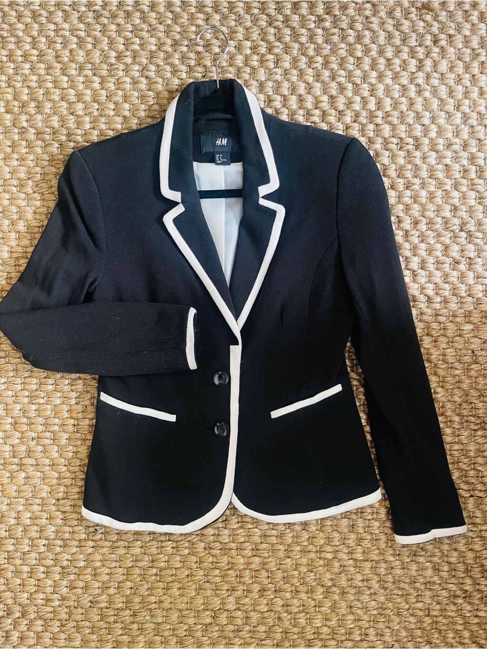 H&M Black 100% Cotton Blazer with White Trim - 8
